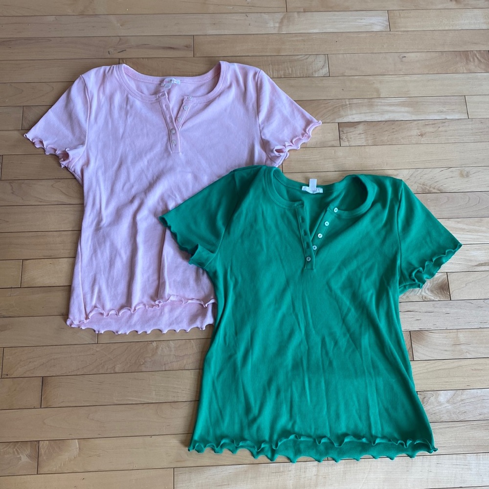 Riley & Rae Ribbed Henley Top- Lot of 2 Pink/Green